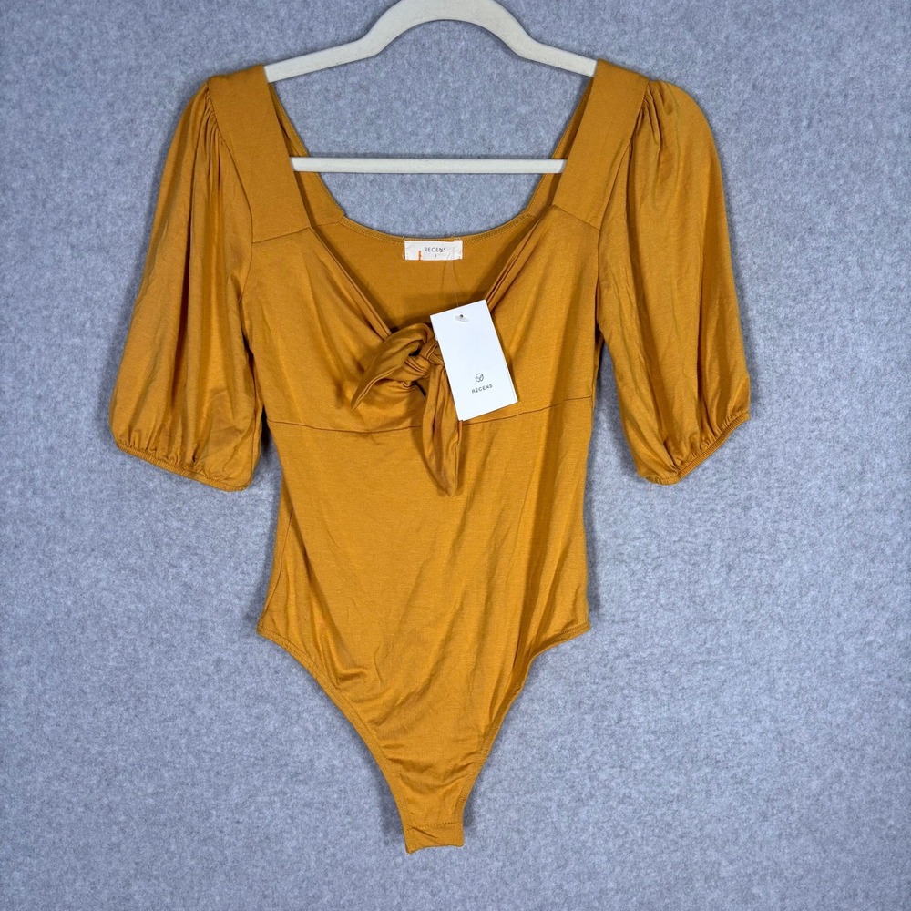 NEW RECENS Bodysuit Small Mustard Bow Tie Front Puff Sleeve Milkmaid Feminine